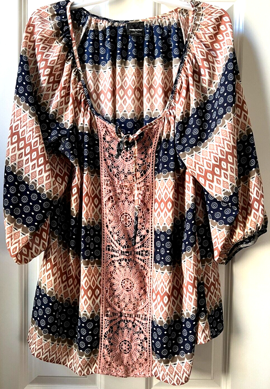 Wallpapher Three Quarter Sleeve Boho Chic Scoop Neck Lace Tie Flowy Blouse 1X